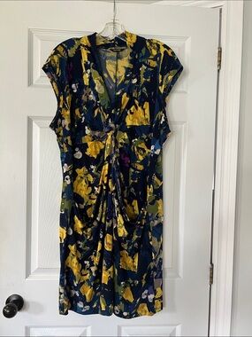 Daisy Fuentes Navy and Yellow Knot-Front Mini Dress